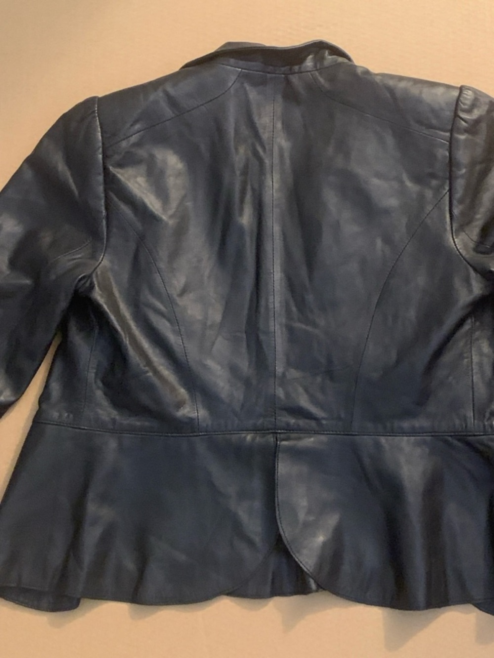 White House Black Market Black Leather Ruffle-Front Jacket. - Picture 9 of 12
